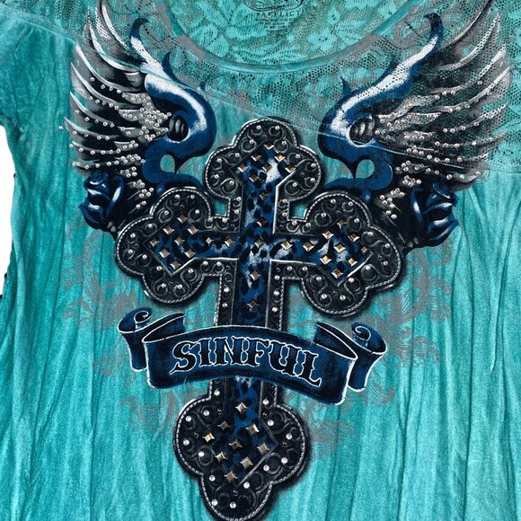 Sinful By Affliction Womens S Lace Tee Distressed Studded Wing Graphic Turquoise - Picture 14 of 16